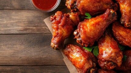 A tempting display of crispy, saucy chicken wings arranged aesthetically on a wooden table, offering an ideal snack option for gatherings and parties.