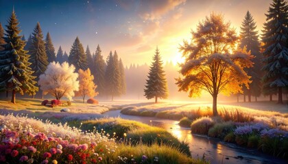 Golden sunrise illuminates a serene forest landscape with flowing stream and vibrant flowers in a peaceful natural environment