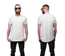 Hipster handsome male model with beard wearing white blank t-shirt with space for your logo or design. Front and back view
