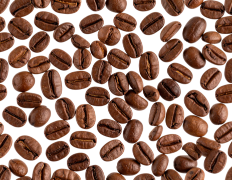 op View of Randomly Scattered Roasted Coffee Beans seamless pattern isolated on transparent background PNG