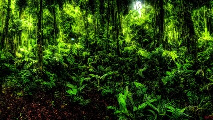 Fototapeta premium Green abstract background with particles evoking a lush forest path
