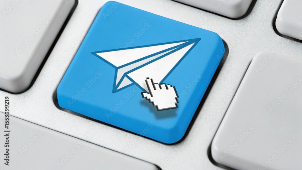 Poster blue keyboard key featuring a paper airplane icon and a cursor, symbolizing digital communication an