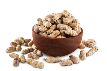 peanuts on wooden teak bowl isolated on transparent background. png image