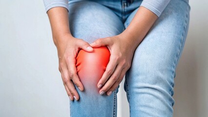 A person holding their knee, indicating pain or discomfort, while sitting. Focus on the knee area with a slight red hue to signify irritation.