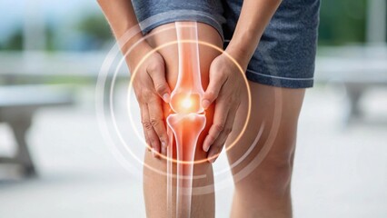 A person holding their knee, indicating pain or discomfort, with visual effects illustrating focus on the knee joint.