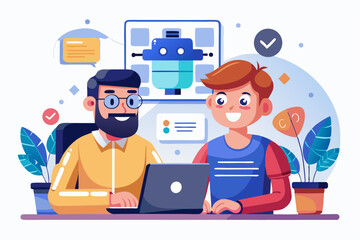 Vector illustration of a human developer working on a laptop with the assistance of a friendly AI robot. 
