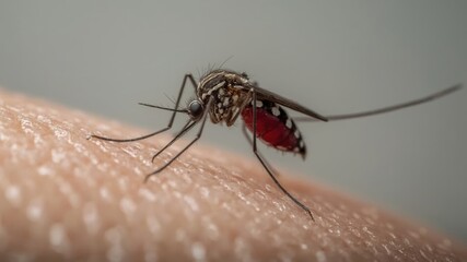A close-up of a mosquito feeding on human skin, showcasing its detailed features and the skin's texture.