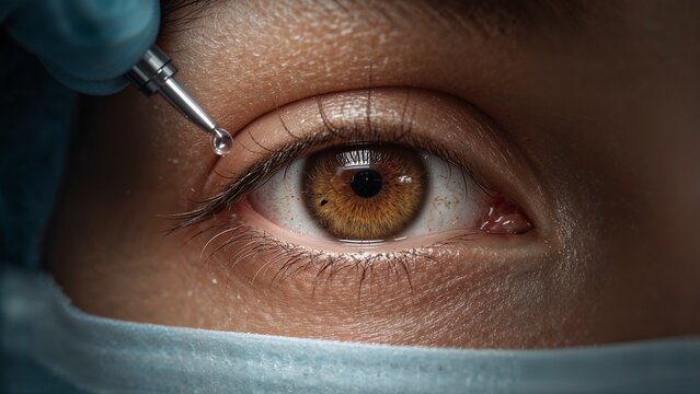 Anesthetic drops in the eye of a latina lady during laser vision correction procedure, close view background
