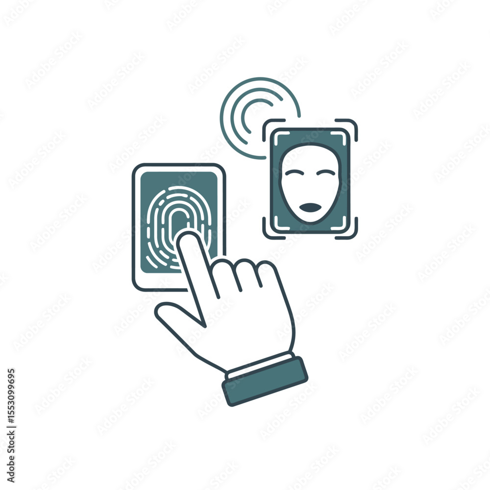 Poster teal and white smartphone fingerprint and facial recognition authentication system icon illustration