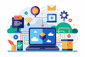 Vector illustration of a human developer working on a laptop with the assistance of a friendly AI robot. 