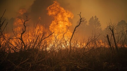 A dramatic scene of a forest fire, with flames engulfing trees against a smoky, orange sky, depicting destruction and environmental impact.