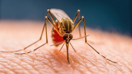 Close-up of a mosquito feeding on human skin, highlighting its detailed anatomy and the interaction with the host.