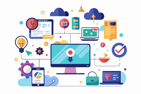 Vector illustration of a human developer working on a laptop with the assistance of a friendly AI robot. 