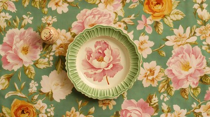 Floral Plate and Pepper Shaker on Green Tablecloth