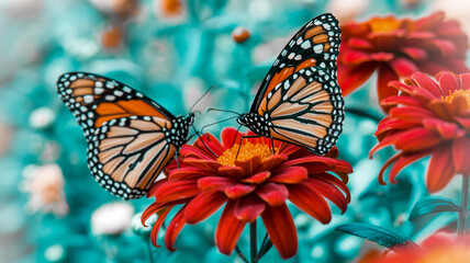 A macro photograph of two monarch butterflies resting on vibrant red chrysanthemums.
