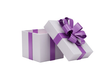 Isolated White Gift Box with Lavender Ribbon and Open Lid