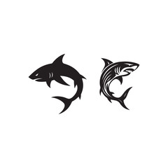 Obraz premium Two black shark silhouettes on a white background one solid and one with line details design
