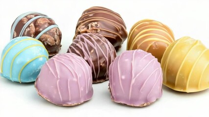 Assortment of sixteen colorful small candy pieces or doughnut holes with frosting, suitable for a dessert platter or party treats.