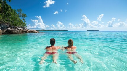 A serene moment captured of two people wading in crystal clear tropical waters, epitomizing relaxation and the joy of oceanic adventures under a perfect blue sky.