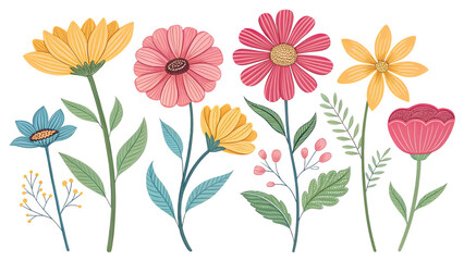 Assorted springtime flowers in warm colors with green leaves, great for botanical designs, posters, or seasonal prints.
