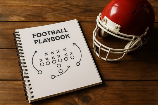 Football playbook with tactical diagram and red helmet on wooden table, top view of sports strategy planning concept