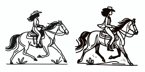 African American Cowgirl Riding a horse. Western Cartoon Clipart Cowboy Silhouette Line Art Vector Illustration. Black female rancher upon steed heritage equestrian sport.
