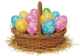Isolated Woven Basket Filled with Decorated Easter Eggs