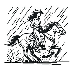 Fototapeta premium African American Cowgirl Riding in rain. Western Cartoon Clipart Cowboy Silhouette Line Art Vector Illustration. Female equestrian of color mounts horse during a downpour on the prairie.