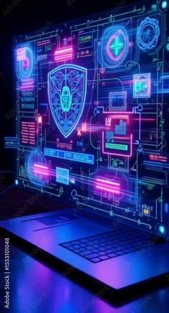 Poster futuristic laptop displaying cybersecurity shield data visualization and network connections in neon
