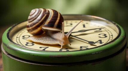 Snail on vintage clock showing passage of time in nature setting