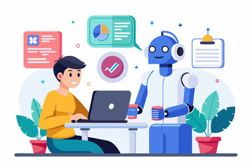 Vector illustration of a human developer working on a laptop with the assistance of a friendly AI robot. 