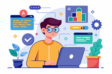 Vector illustration of a human developer working on a laptop with the assistance of a friendly AI robot. 