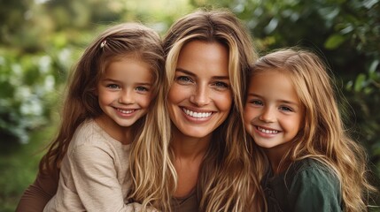 An affectionate portrait of a mother smiling brightly while holding her two cheerful daughters outdoors, capturing the essence of family love and togetherness in a lush, green setting.