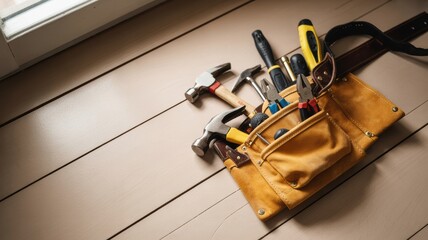 Carpenter's tool belt with assorted tools on wooden surface