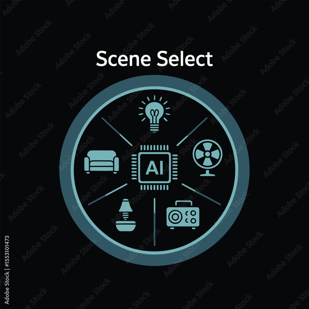 Poster teal circular smart home scene select interface showing a i chip lightbulb sofa fan lamp radio icons