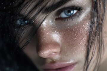 Close-up of a woman with striking blue eyes and wet skin captured in soft light
