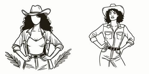 Fototapeta premium African American Cowgirl Standing with hands on hips. Western Cartoon Clipart Cowboy Silhouette Line Art Vector Illustration. Black female rancher posing arms waist heritage portrait.