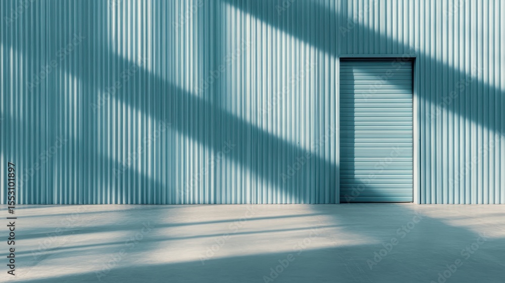 Poster an abstract representation of structural minimalism featuring a light blue wall with a closed door a