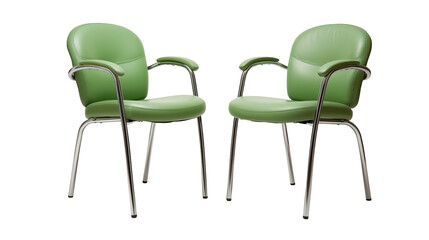 Two green chairs with silver frames sit against a transparent background