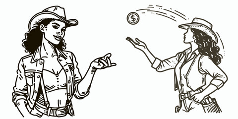 African American Cowgirl Tossing coin. Western Cartoon Clipart Cowboy Silhouette Line Art Vector Illustration. Black female rancher flipping currency heritage ethnic woman action.