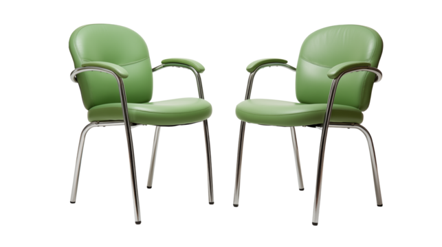 Two green chairs with silver frames sit against a transparent background - Powered by Adobe