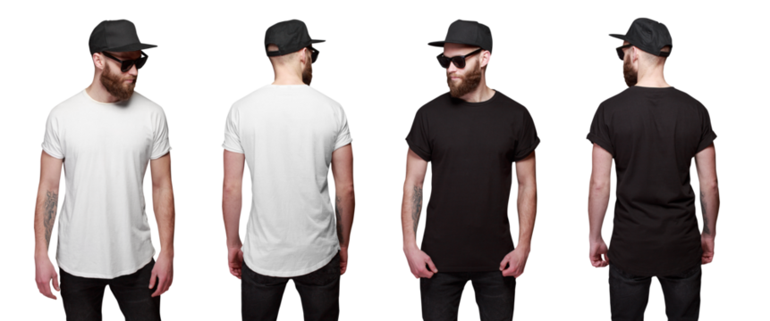 T-shirt on a man for mock up. White and black color of T-shirt. Front and back view over transparent background