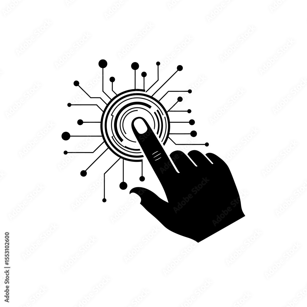 Poster a black hand pressing a circular button with a circuit board design on a white background image art