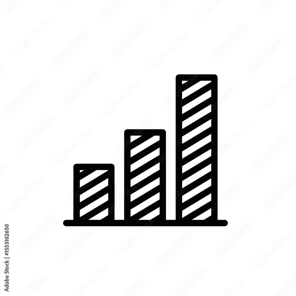 Poster a simple bar graph icon with increasing values and diagonal stripes on a white background style