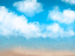 青空と海と白い雲の夏イメージの手描き背景イラスト　横