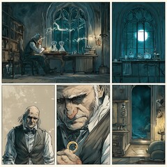 Comic-style images of an old, grey-haired alchemist in a lab at night generated by AI	
