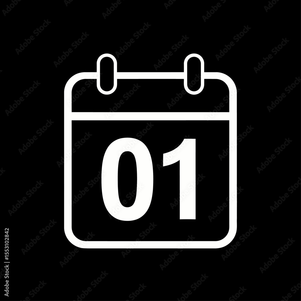 Poster white calendar icon with the number zero one on a black background minimalistic and simple design