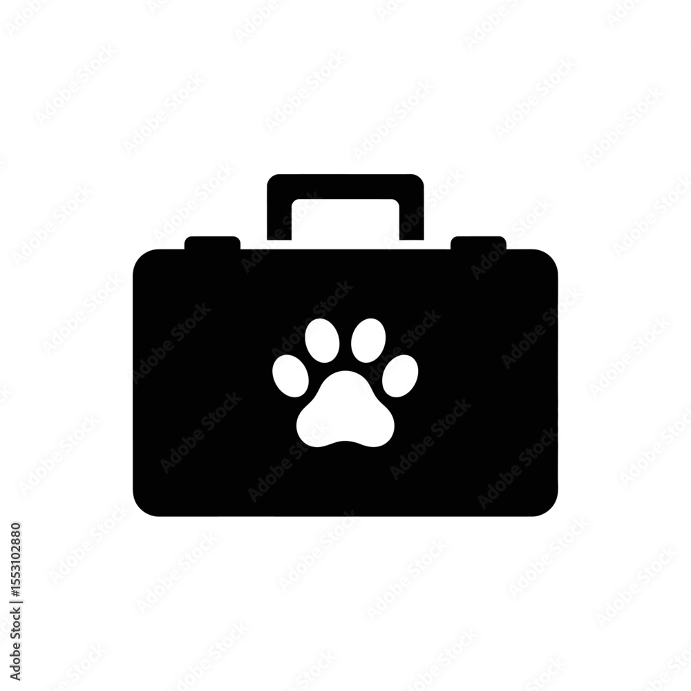 Poster black briefcase with handle and a white paw print in the center on a white background vector art