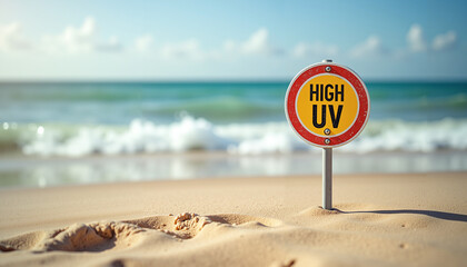 High UV warning sign on empty beach with calm waves and clear sky  