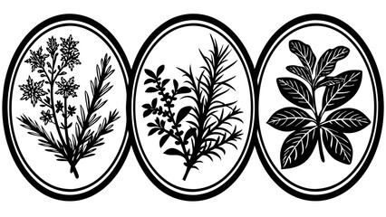 Three oval frames showcasing detailed botanical illustrations in a monochrome color palette design style © Ijaz